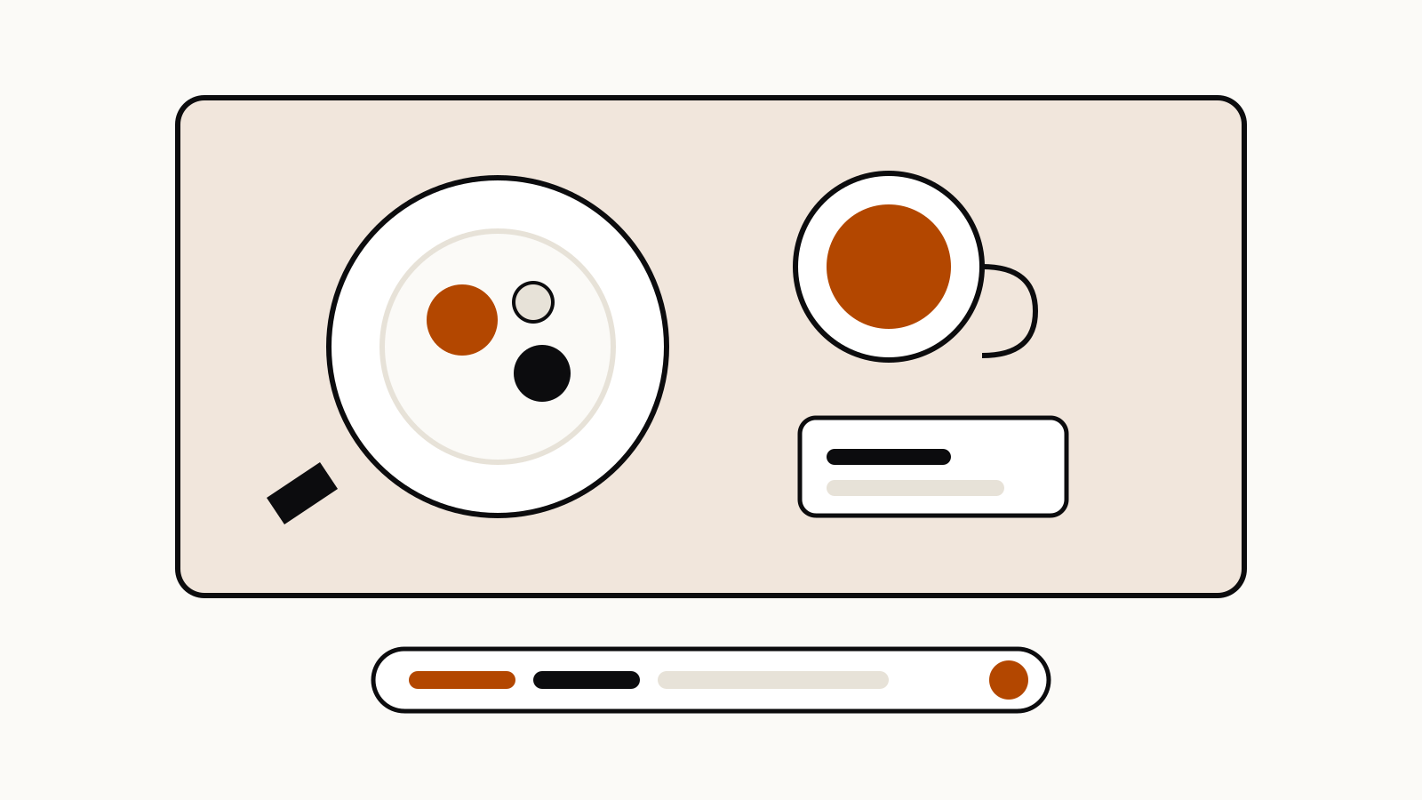 Top-down café table with a plate of food, a cup and a note card, above a prompt bar with color slots