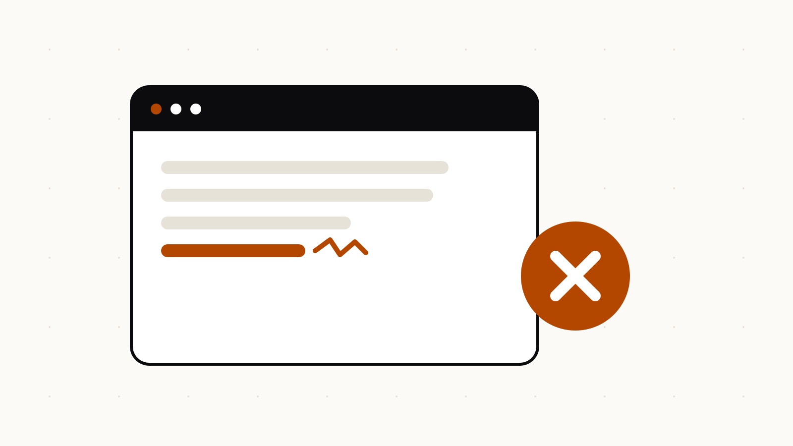 Illustration of a browser window with a failed text line and an error badge on its corner