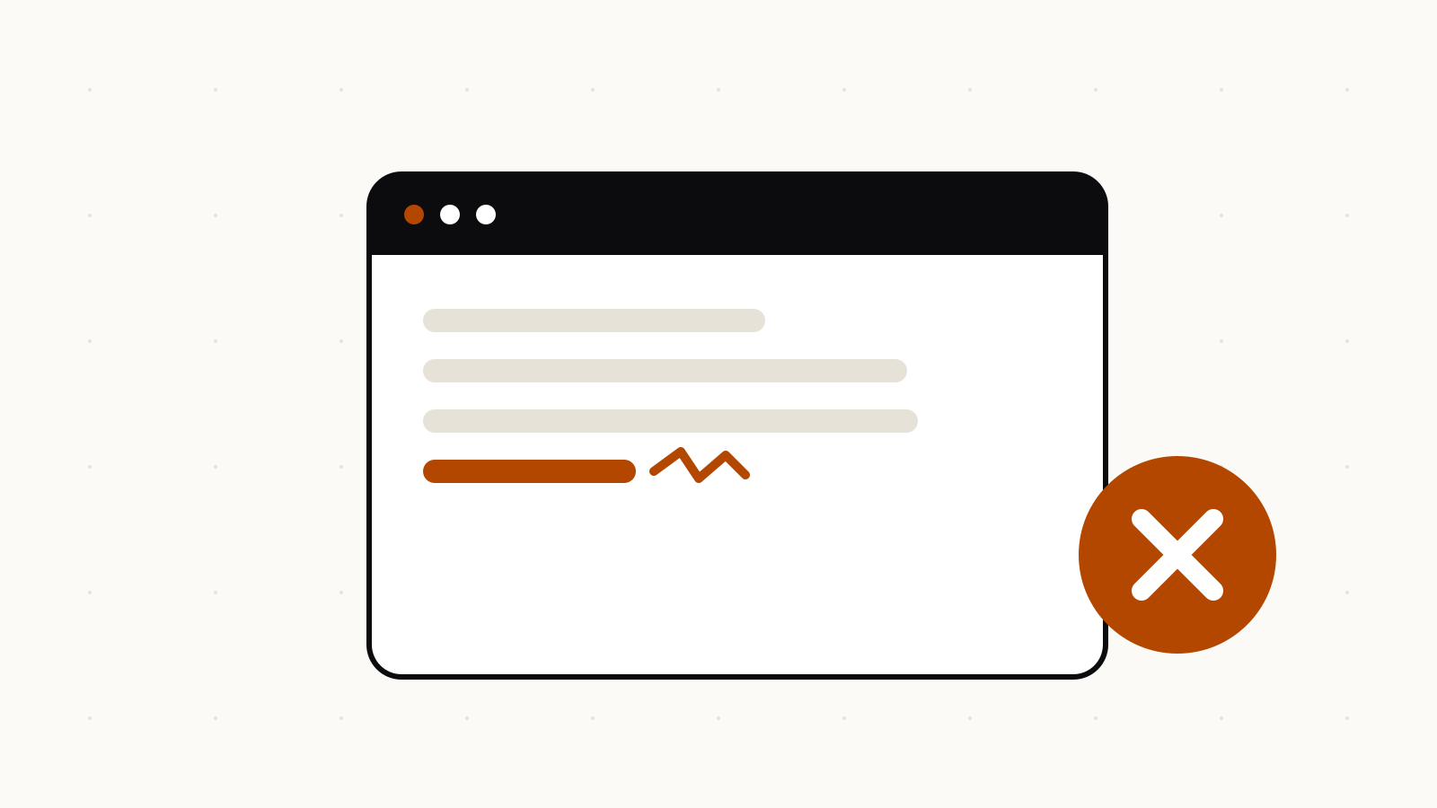 Illustration of a window listing lines of text, one highlighted in orange, beside a round error mark