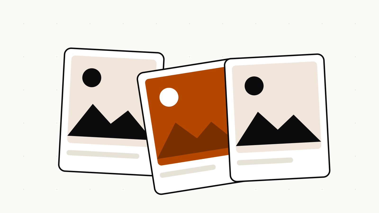 Illustration of three overlapping photo frames with mountain and sun icons, one tilted orange frame in the center