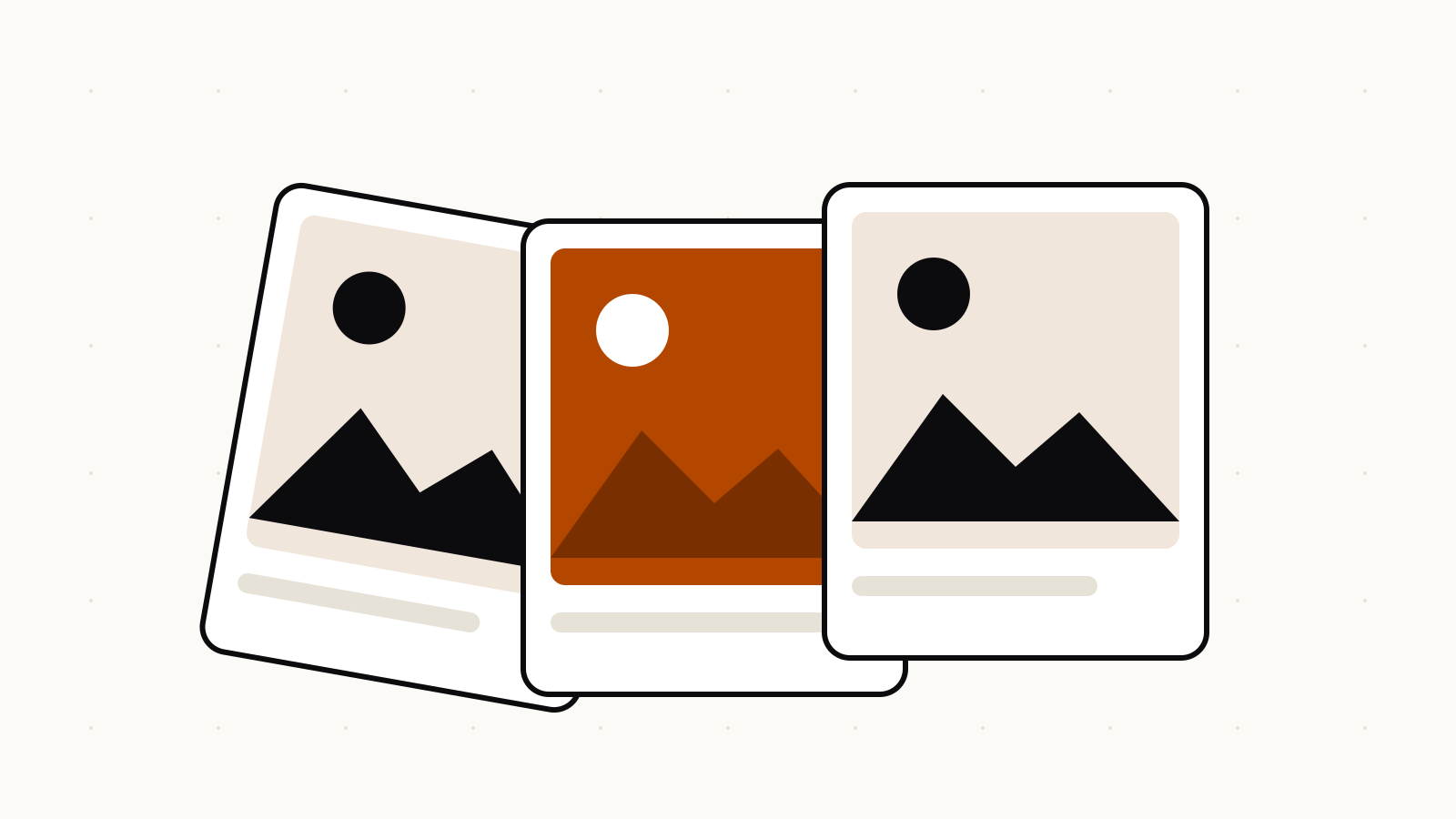 Three photo cards fanned out, the middle one highlighted in orange, like outfit previews side by side