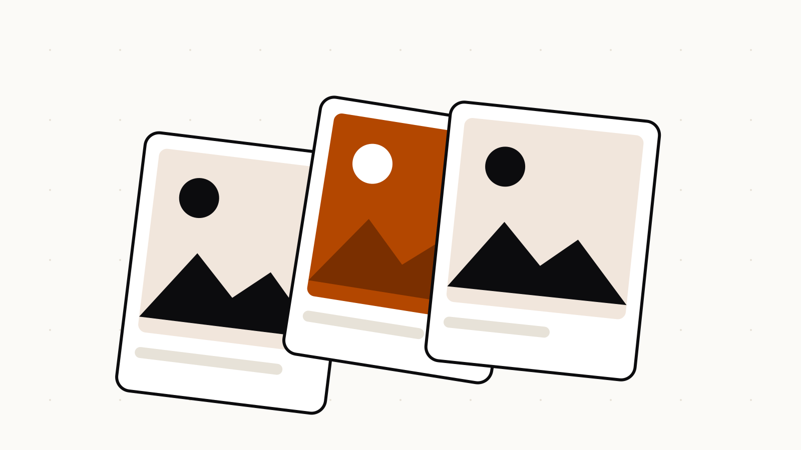 Illustration of three tilted photo cards, each showing a sun over mountain shapes, with the middle card in orange