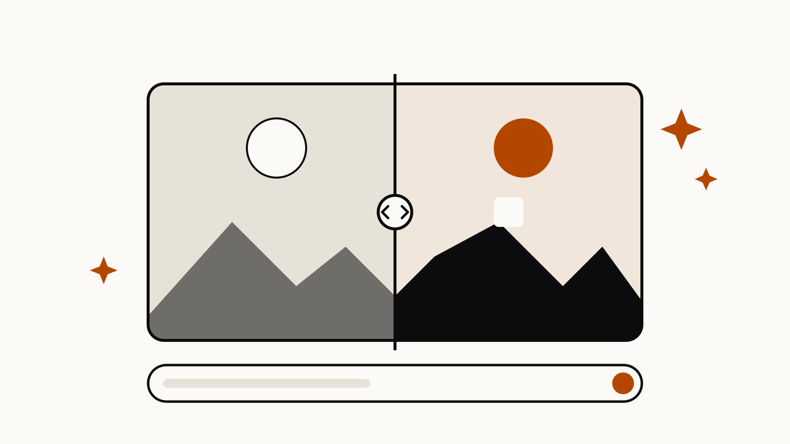 A landscape photo split by a before-and-after slider, the edited half in warmer light, with a prompt bar below