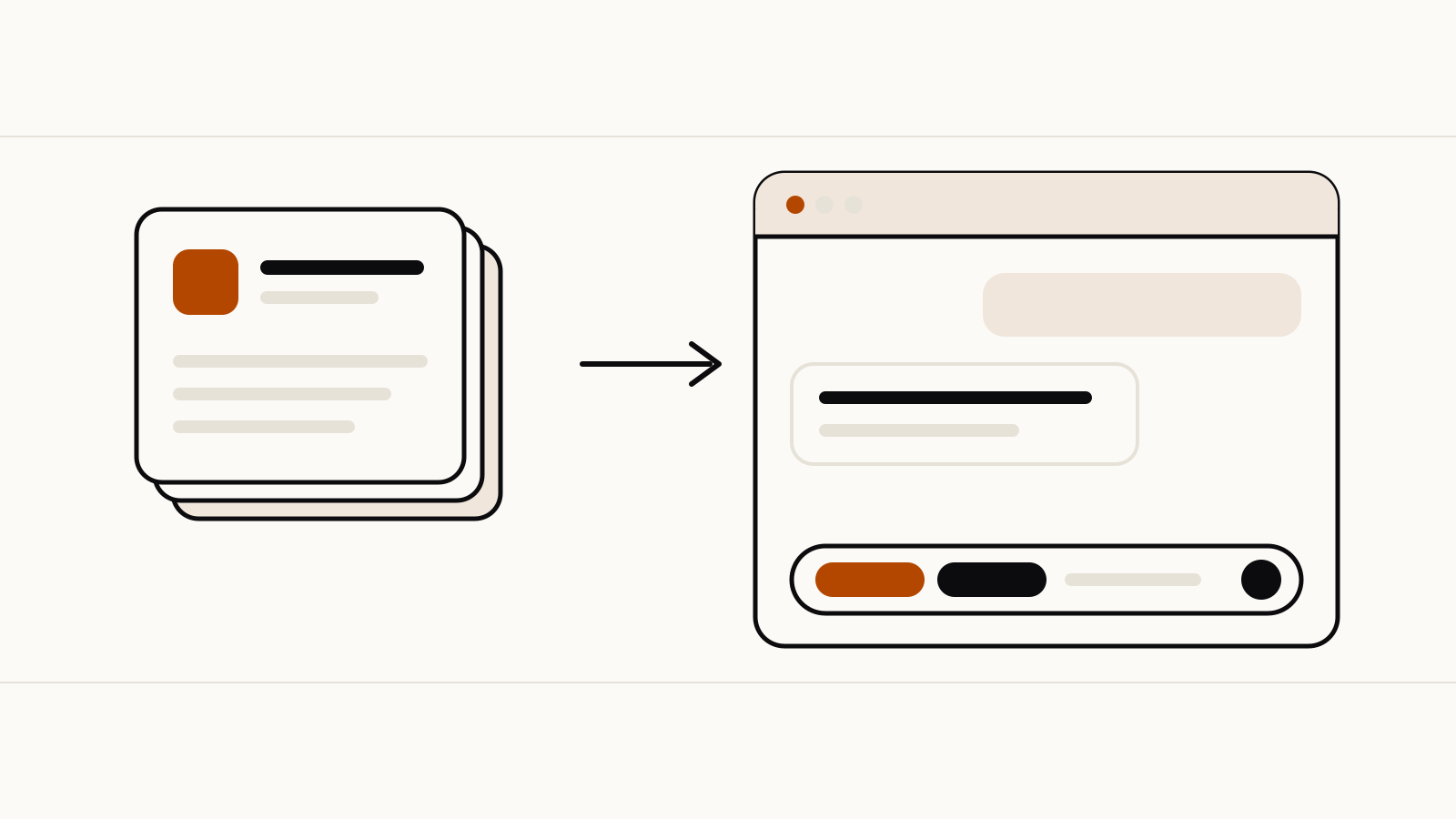 A stack of saved instruction cards feeding into a chat window whose prompt bar holds two selected chips