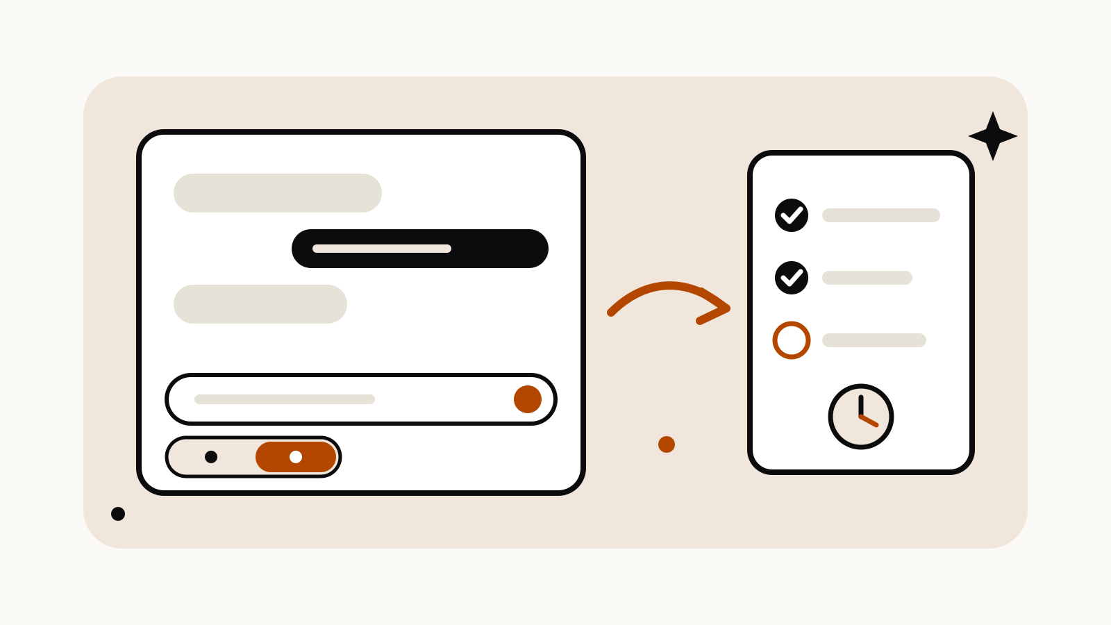 A chat window with a two-position toggle under the message box, and an arrow to a checklist card with a clock.