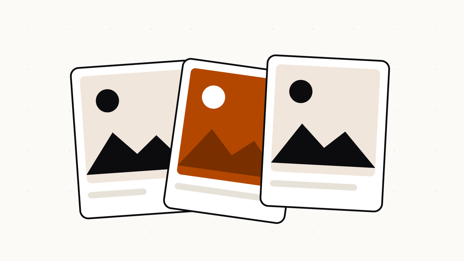 Illustration of three image cards in a row with a sun and hills on each, the middle one highlighted in orange