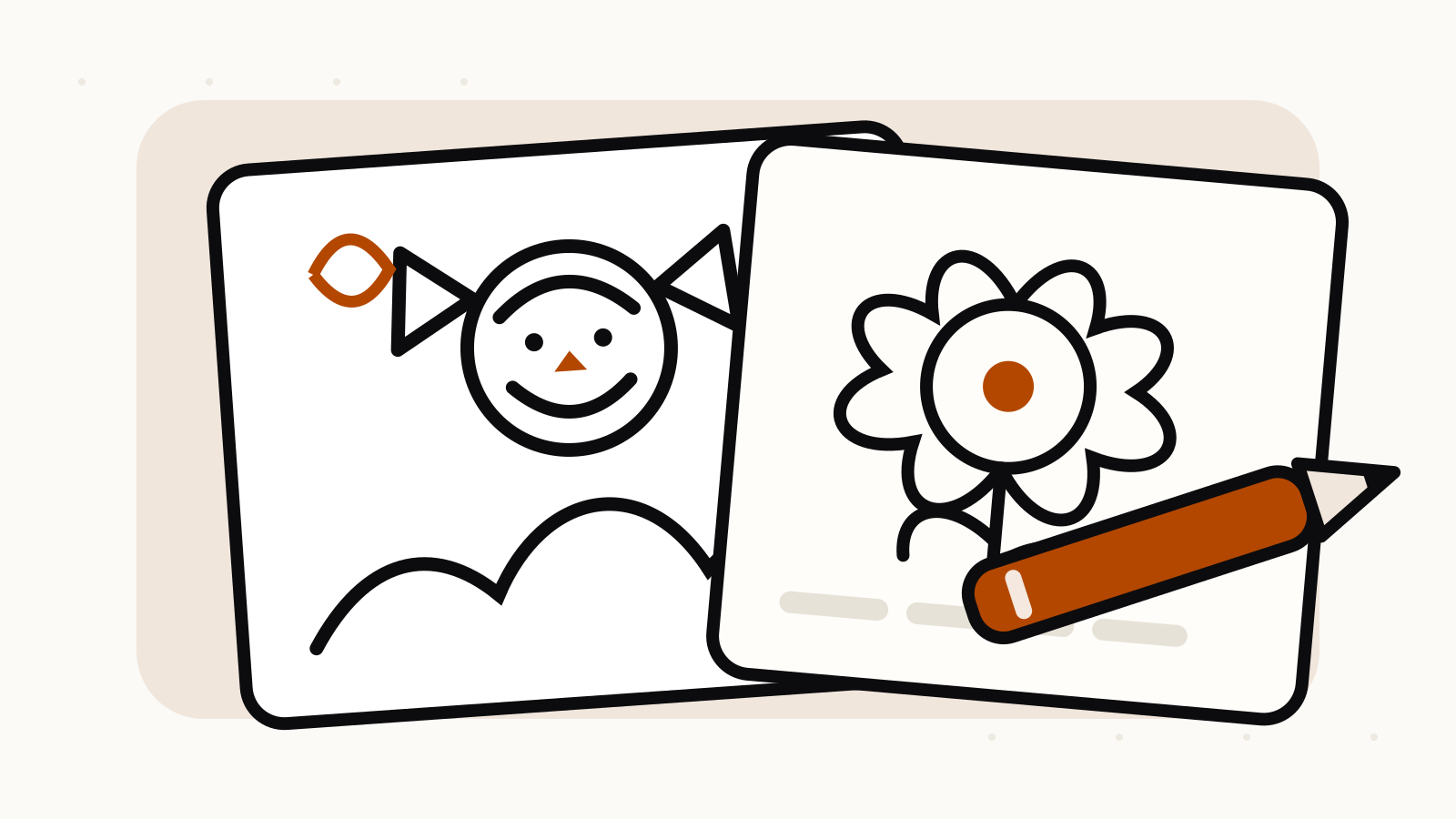 Two outlined coloring pages show a smiling character and a flower, with an orange pencil across the front.