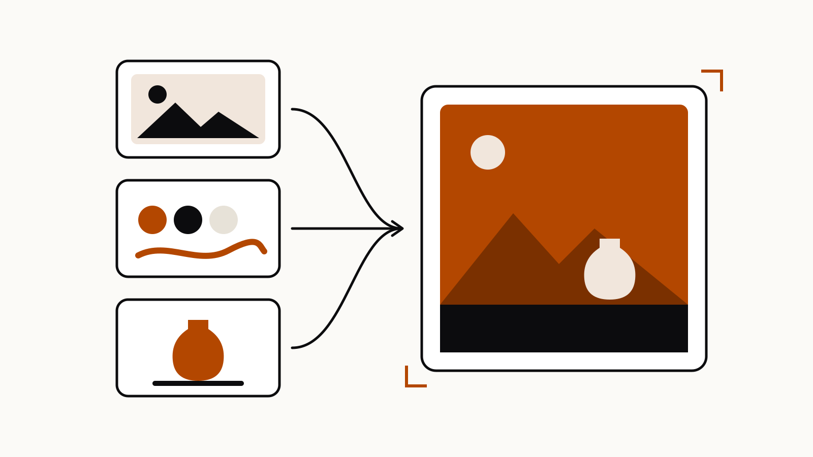 Three small cards, a landscape photo, color swatches with a brush stroke and a vase, joined by lines into one large rust landscape frame with the vase.