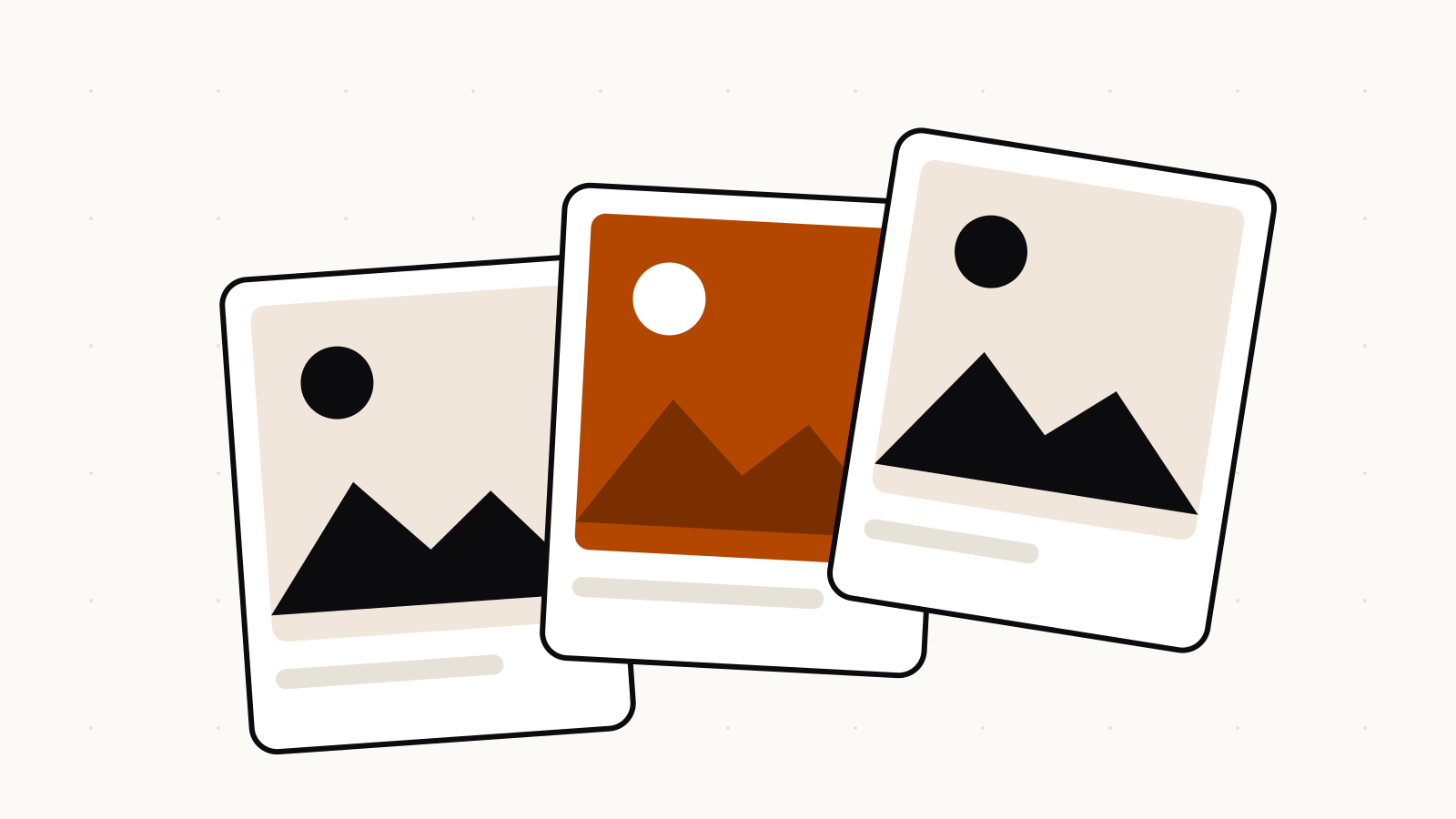 Illustration of three image cards at different angles with sun and mountain shapes, one card in orange