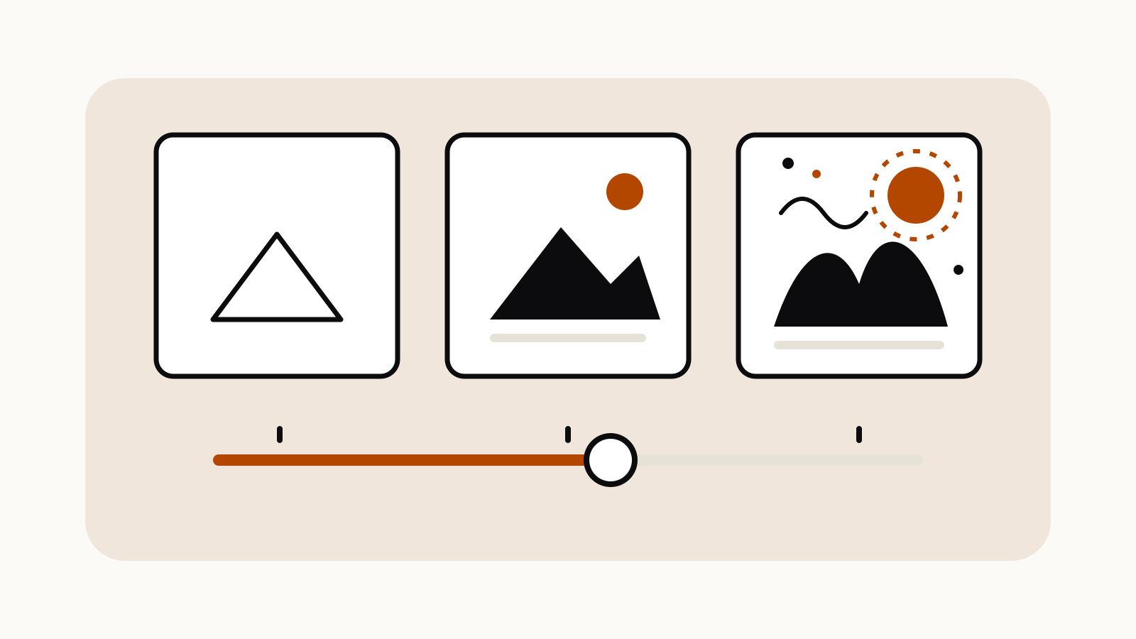 Three picture cards grow from a plain outline to an ornate scene above an orange slider set near the middle.