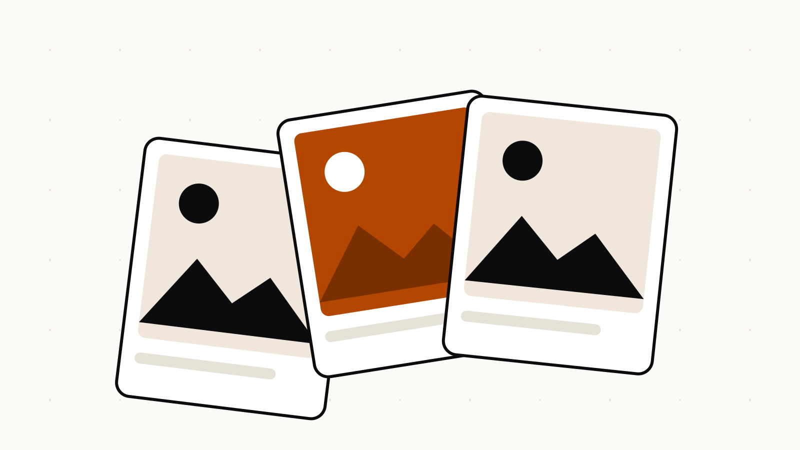 Illustration of a fanned stack of three picture cards with simple landscape shapes, the center card in orange