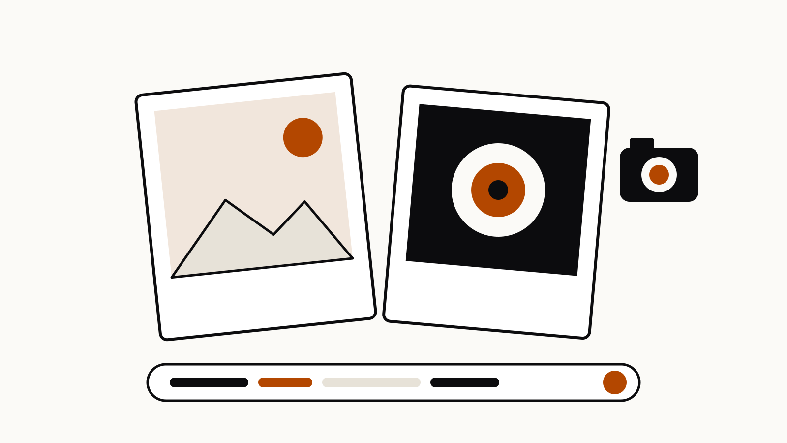 Two printed photo cards, a lens and a small camera above a prompt bar