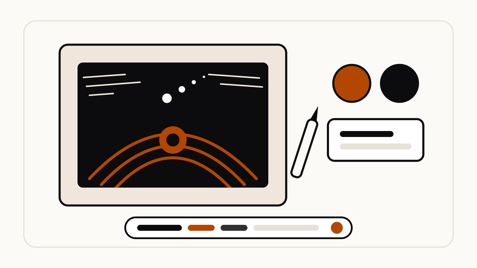 A dark etched panel with scratched arcs revealing an orange layer, a scraping tool, two color swatches and a prompt bar