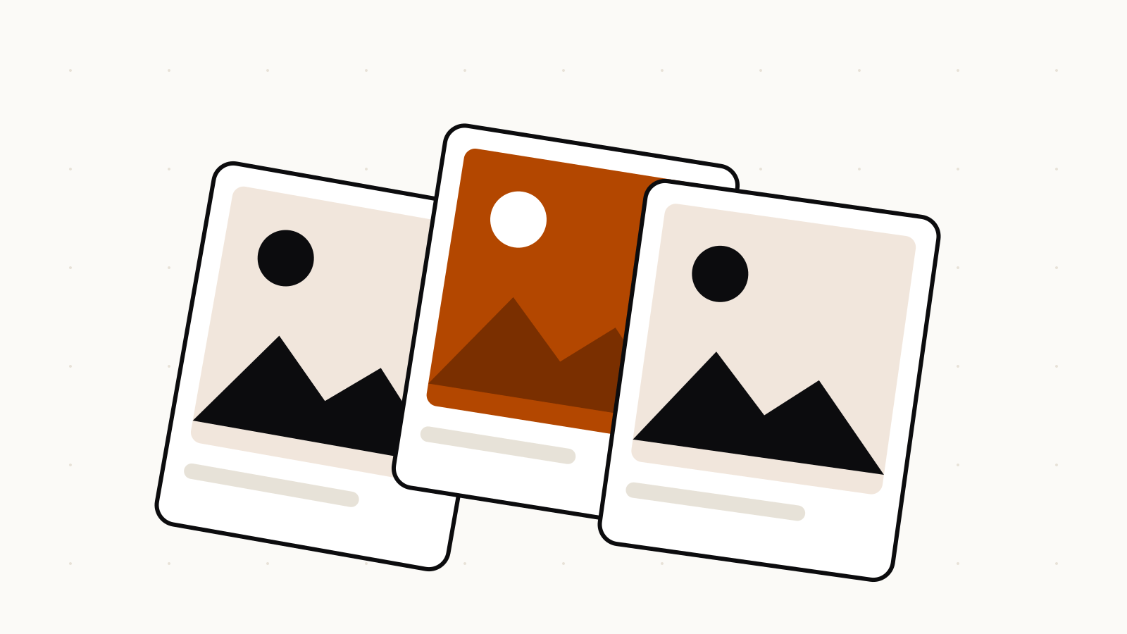 Illustration of three slanted frames like film stills, each with a sun above mountains, the center frame orange